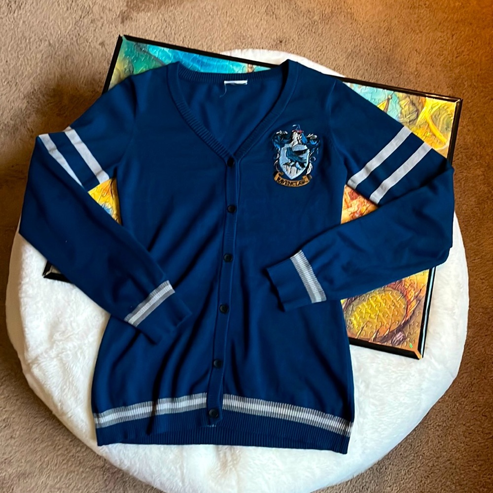 Harry Potter Womens Ravenclaw House Open Front Cardigan Juniors Knit Sweater:SM